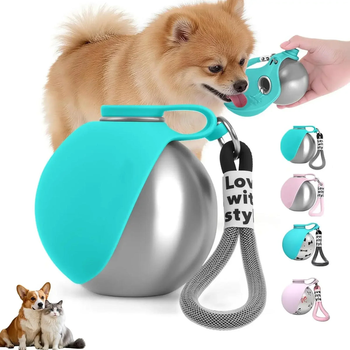 Stainless Steel Dog Travel Water Bottle with Collapsible Silicone Bowl & Lanyard