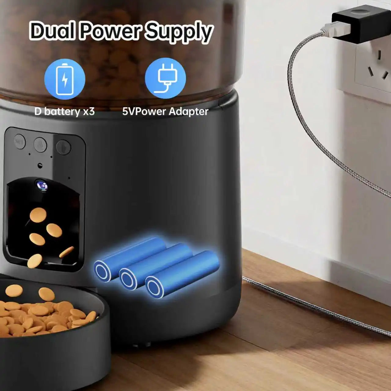 Automatic cat feeder with camera, video dog feeder, suitable for small and medium-sized kittens and dog feeders, 5V-USB powered