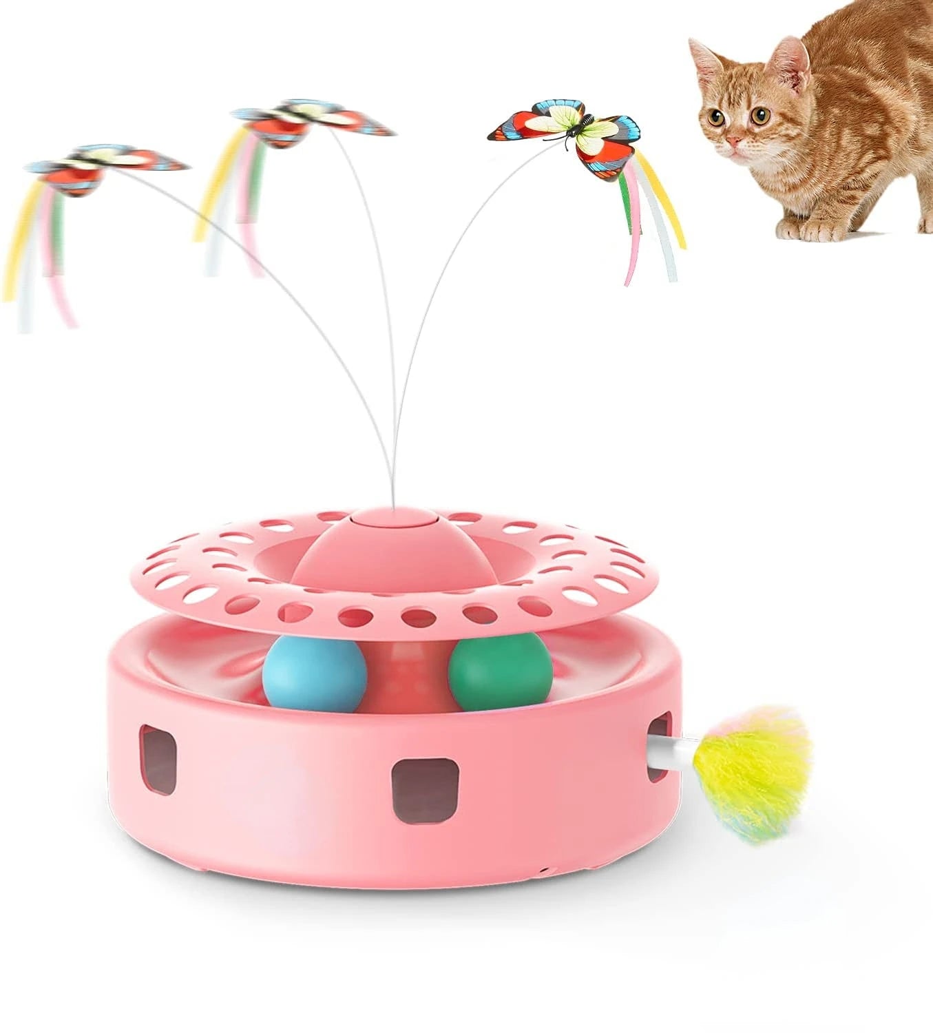3-in-1 Interactive Cat Toy with Fluttering Butterfly, Feather & Track Balls