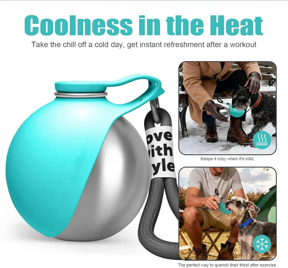 Stainless Steel Dog Travel Water Bottle with Collapsible Silicone Bowl & Lanyard