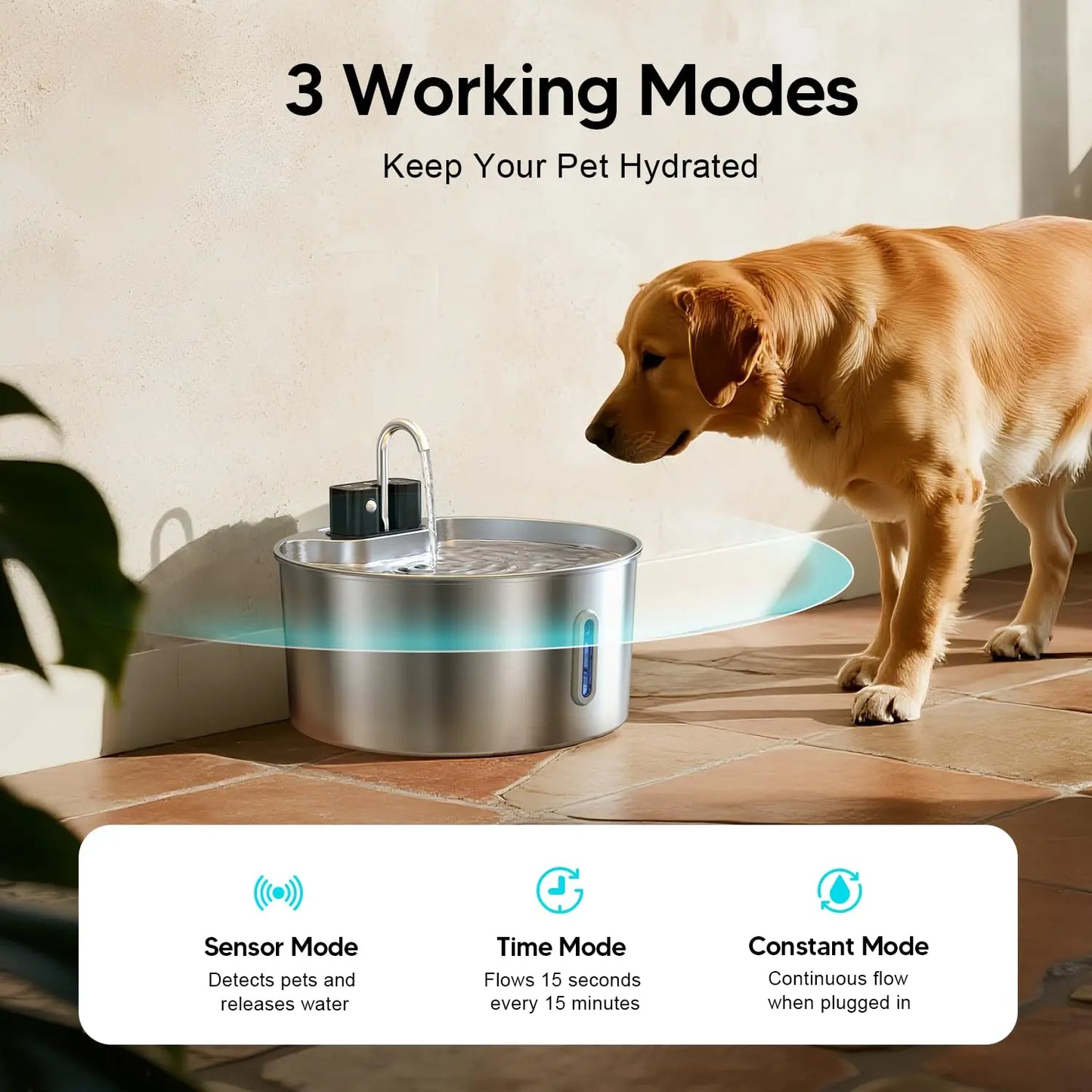 Fontaine à eau sans fil en acier inoxydable de 7 L pour chat — Sans fil intérieur