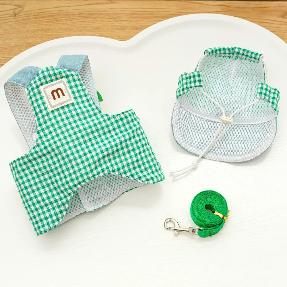 3-Piece Cartoon Pet Harness, Leash & Sun Hat Set – Vest Harness Costume for Cats & Small Dogs