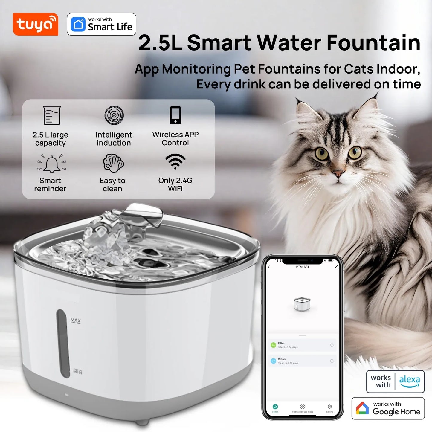 2.5L Smart Cat Water Fountain — App-Controlled with Stainless Steel Bowl & 3 Filters