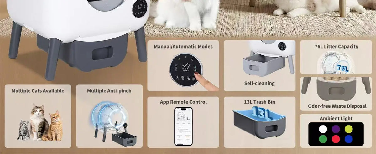 HAUSPROFI 89L Self-Cleaning Cat Litter Box | 8 Safety Sensors | 13L Bin | ≤35dB | Fragrance Compartment | App