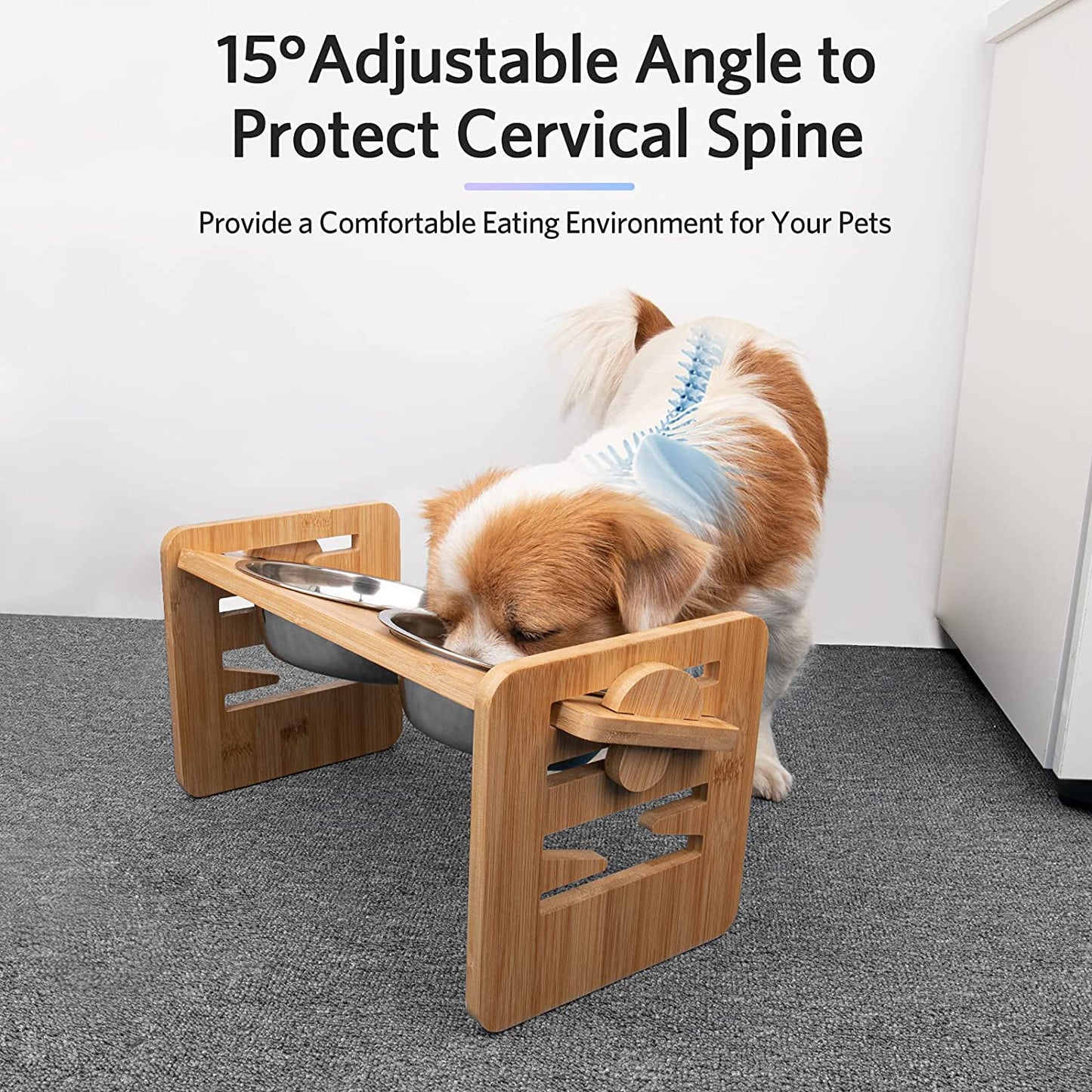 Bamboo Elevated Dog Bowl Stand with 6-Level Adjustable Height — 2 Stainless Steel Bowls