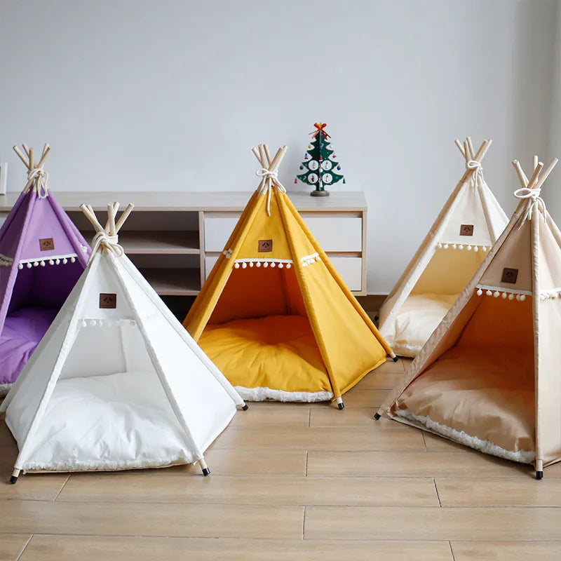 Indoor Pet Teepee Tent Bed with Thick Cushion – Canvas, Washable