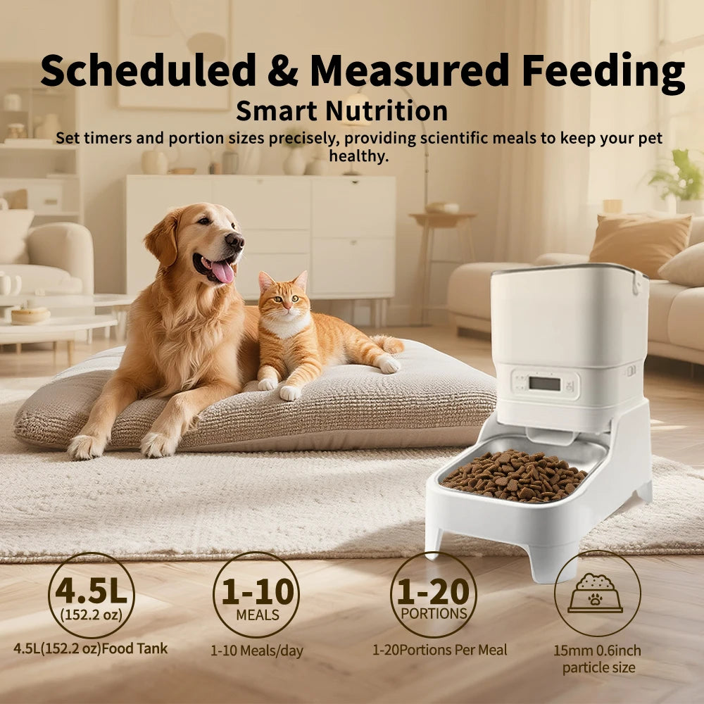 4.5L Elevated Smart Pet Feeder — 15cm Raised Stand, 1080P Camera or Key Control for Cats & Dogs