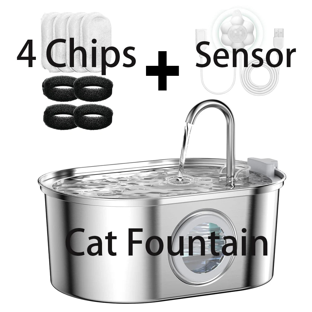 Transparent Window Cat Water Dispenser with sensor 3.2L/108oz Super Quiet& Pets Auto Filter Stainless Steel Cats Water Fountain