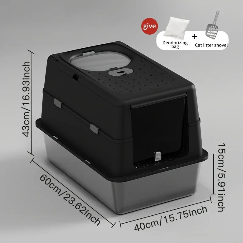 Enclosed Stainless Steel Cat Litter Box with Flip Cover & Non-Slip Mat