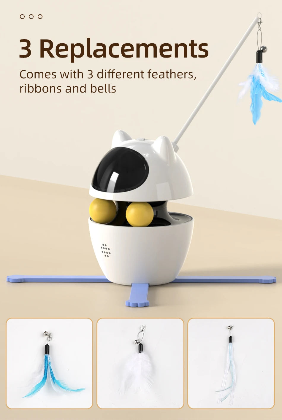 3-in-1 Smart Cat Toy with 360° Laser & 3 Replacement Feather Teasers