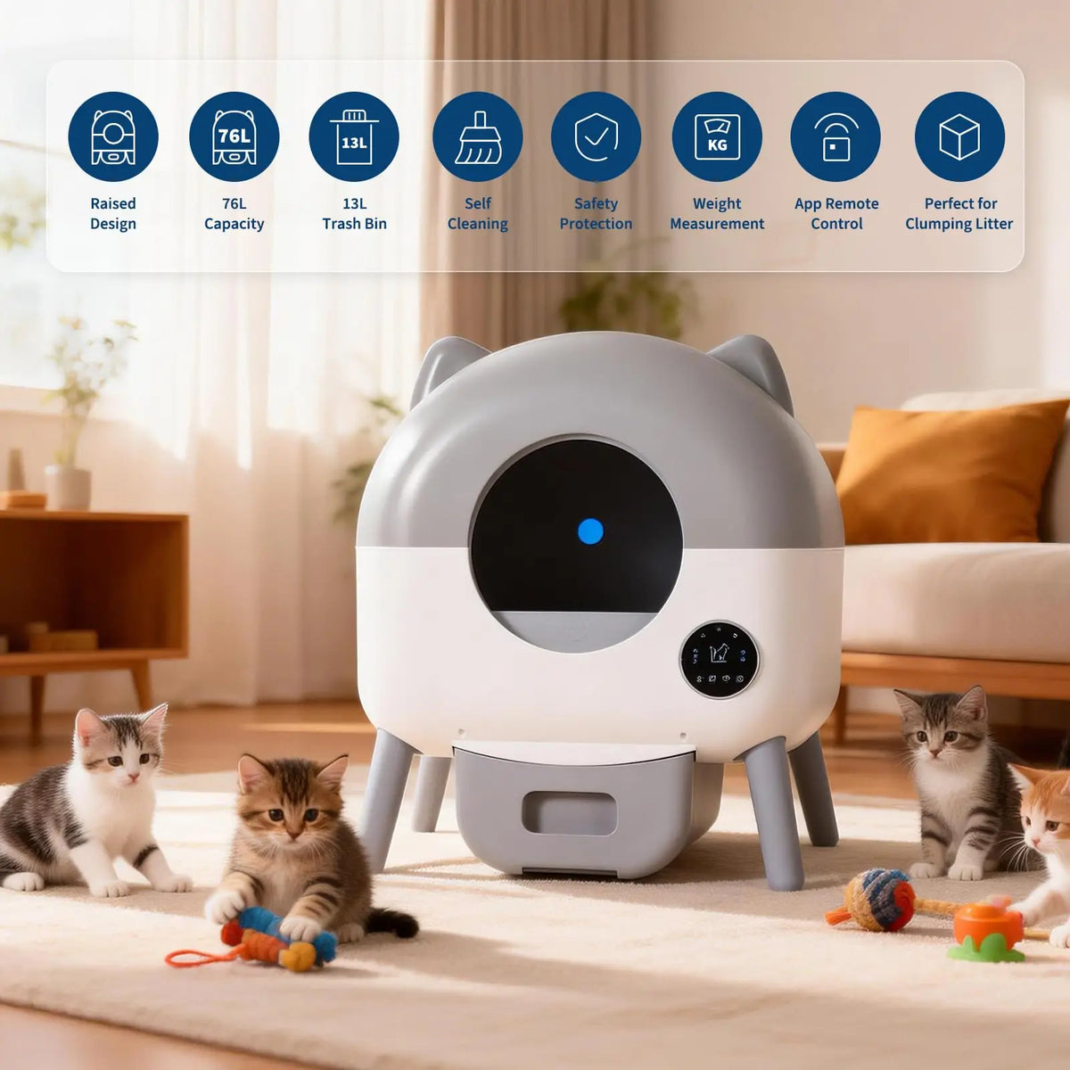 76L Self-Cleaning Cat Litter Box | 15-Day Waste Bin | ≤35dB Quiet | LED Night Light | App Control