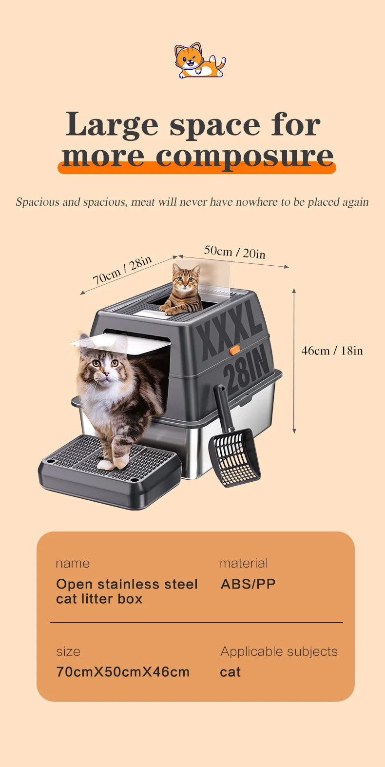 Extra Large Enclosed Stainless Steel Cat Litter Box with Lid