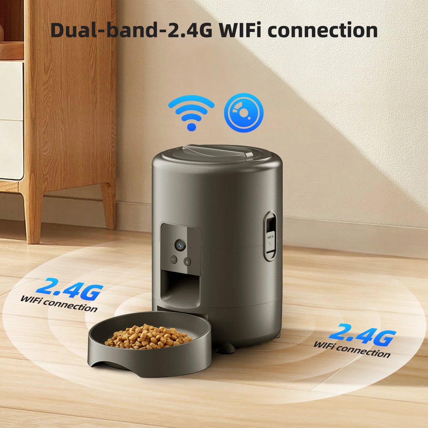 Cat feeder with camera, only supports 2.4G network, can only be powered by USB, has no screen display, and can video pet feeder