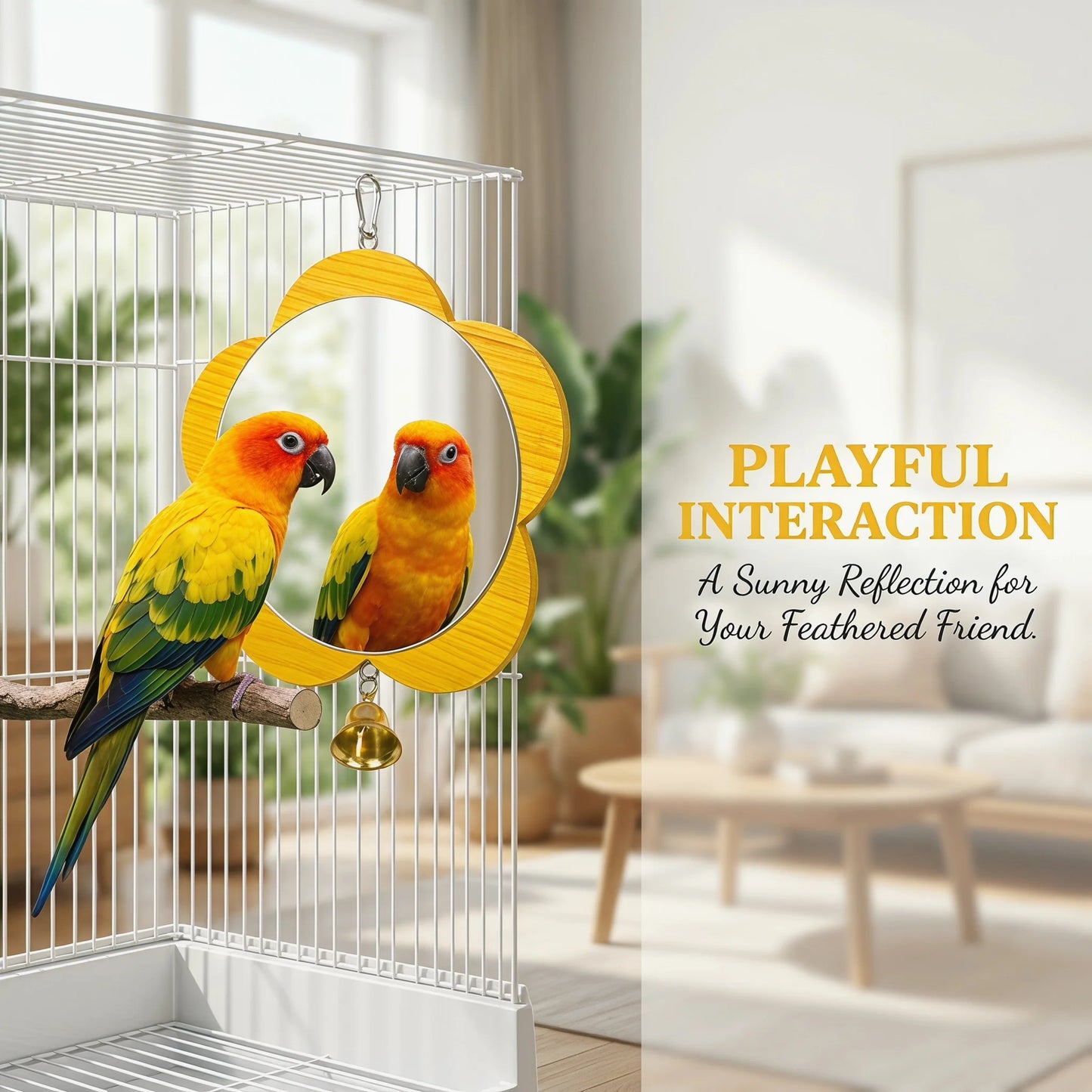 Wooden Flower Mirror Toy with Bell for Parrots & Budgies