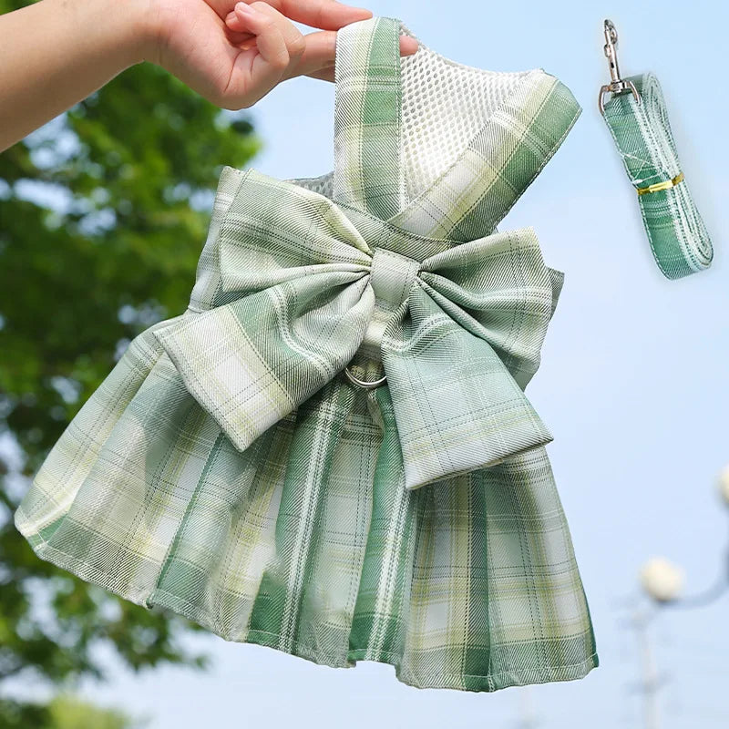 Plaid Bow Dress & Leash Set for Cats and Small Dogs