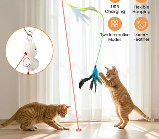 2-in-1 Automatic Cat Laser Toy with Feather Wand - Interactive Pet Entertainment