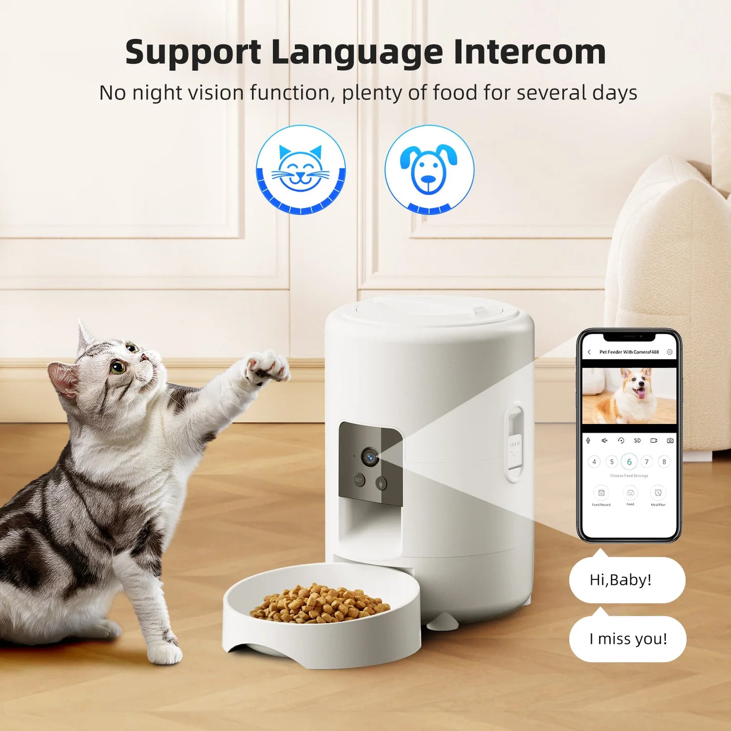 Cat feeder with camera, only supports 2.4G network, can only be powered by USB, has no screen display, and can video pet feeder