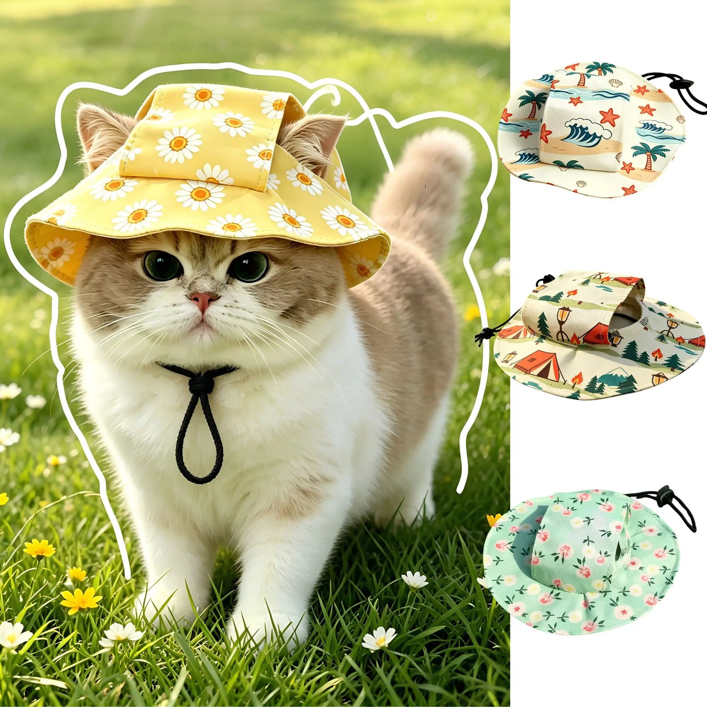 Cotton Bucket Sun Hat with Ear Holes for Cats & Small Dogs