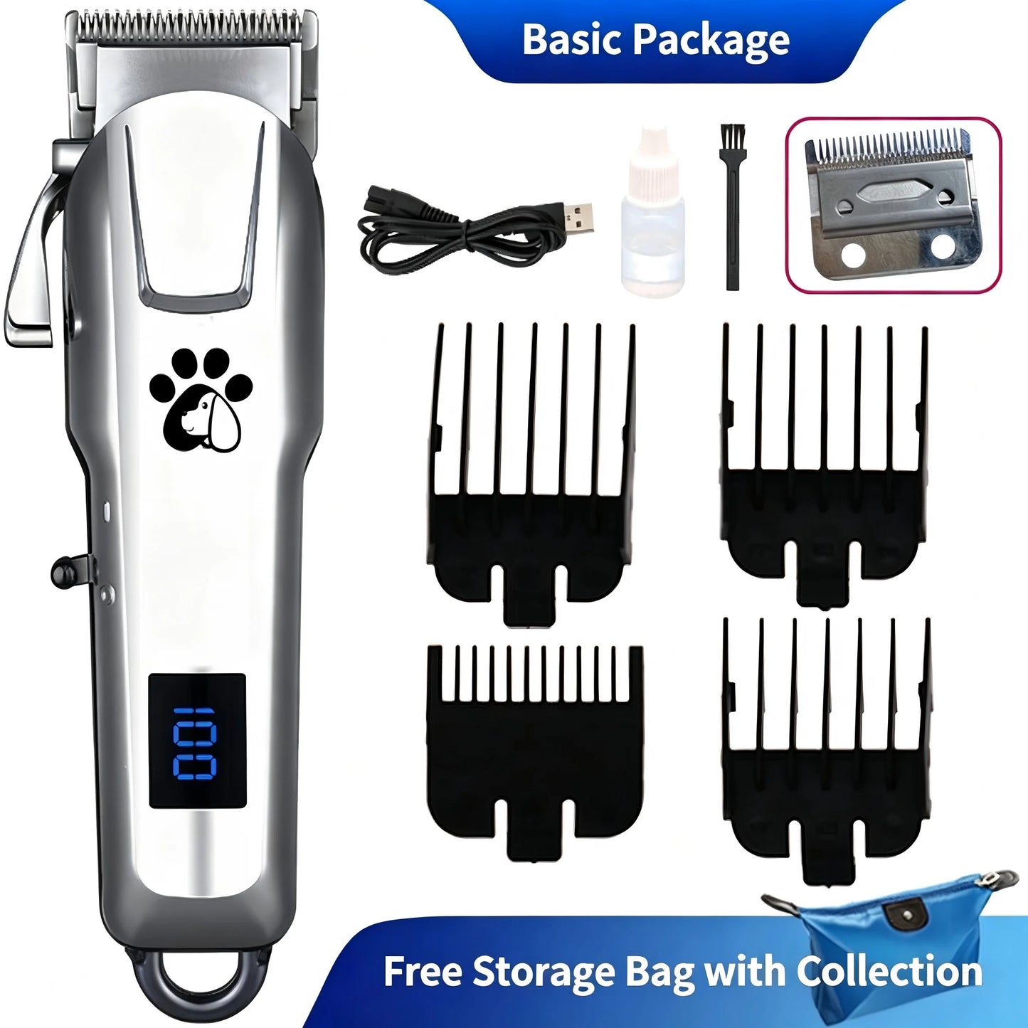 Professional Cordless Pet Grooming Clipper with LCD Display — Ultra-Quiet