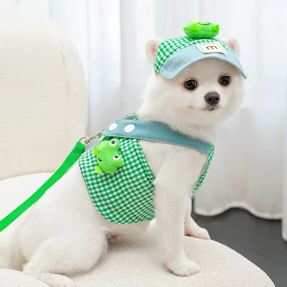 3-Piece Cartoon Pet Harness, Leash & Sun Hat Set – Vest Harness Costume for Cats & Small Dogs