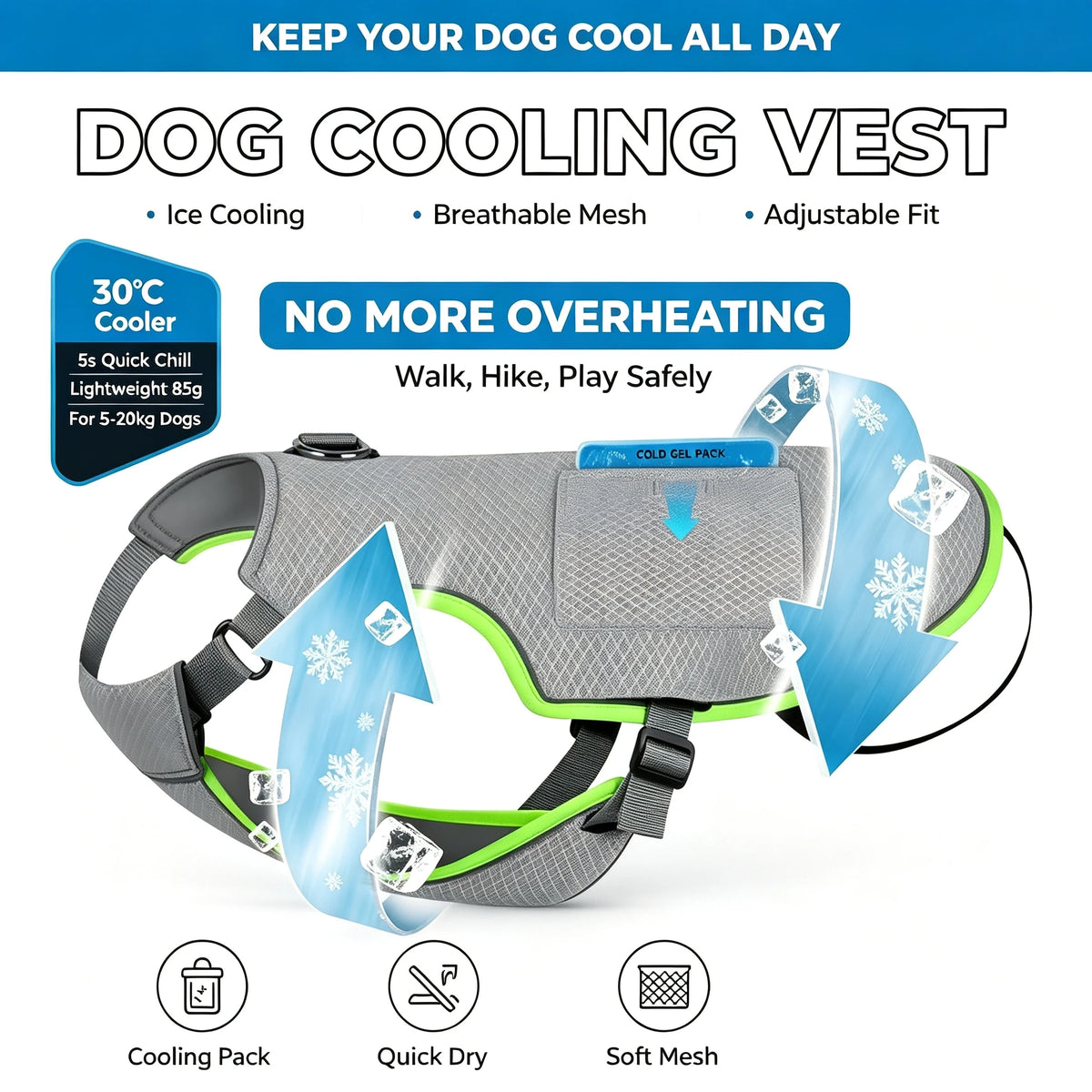 Breathable Dog Cooling Vest with Ice Packs — Adjustable Summer Jacket