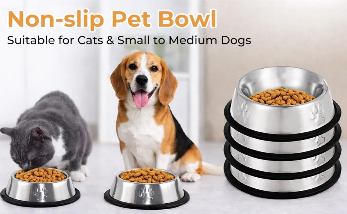 Stainless Steel Pet Bowl with Non-Slip Rubber Base for Dogs & Cats