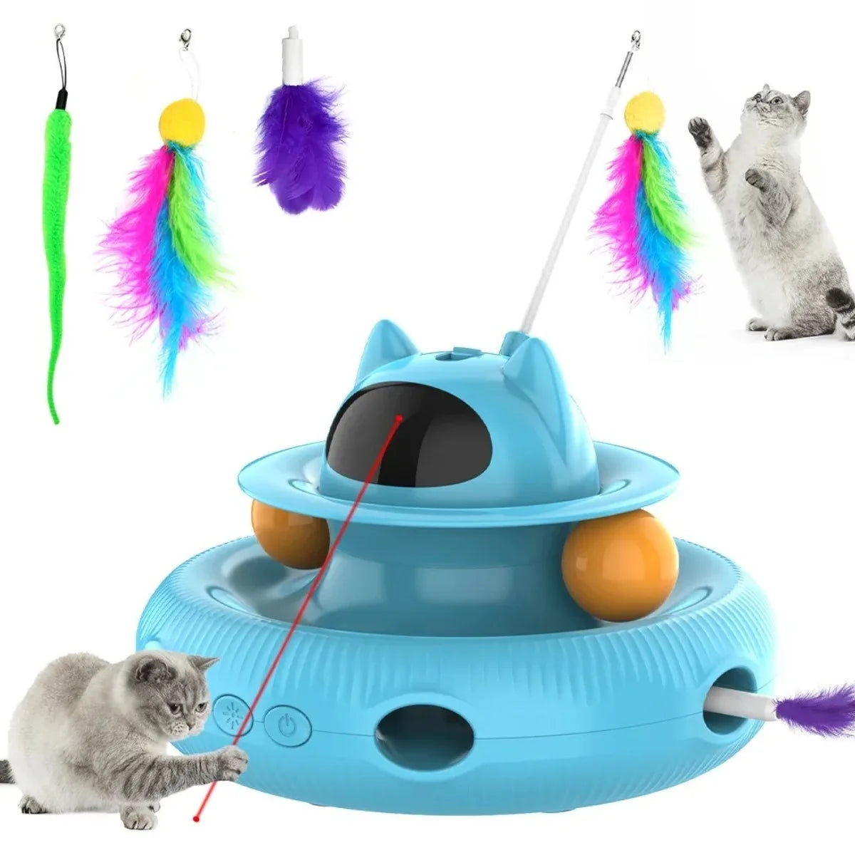 Jouet interactif intelligent 4-en-1 pour chat avec laser, plumes et balles de piste