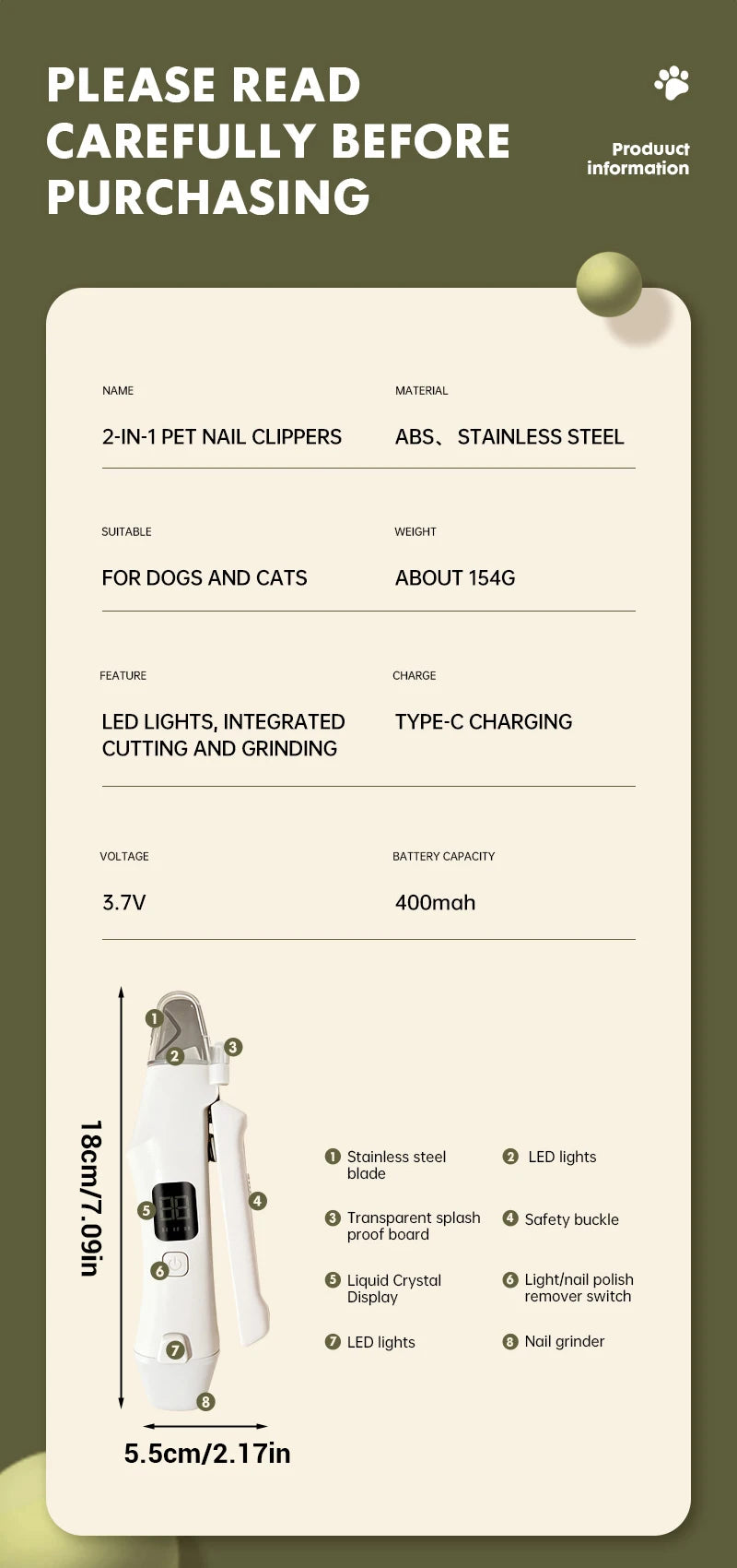 2-in-1 Electric Pet Nail Clipper & Grinder with LED