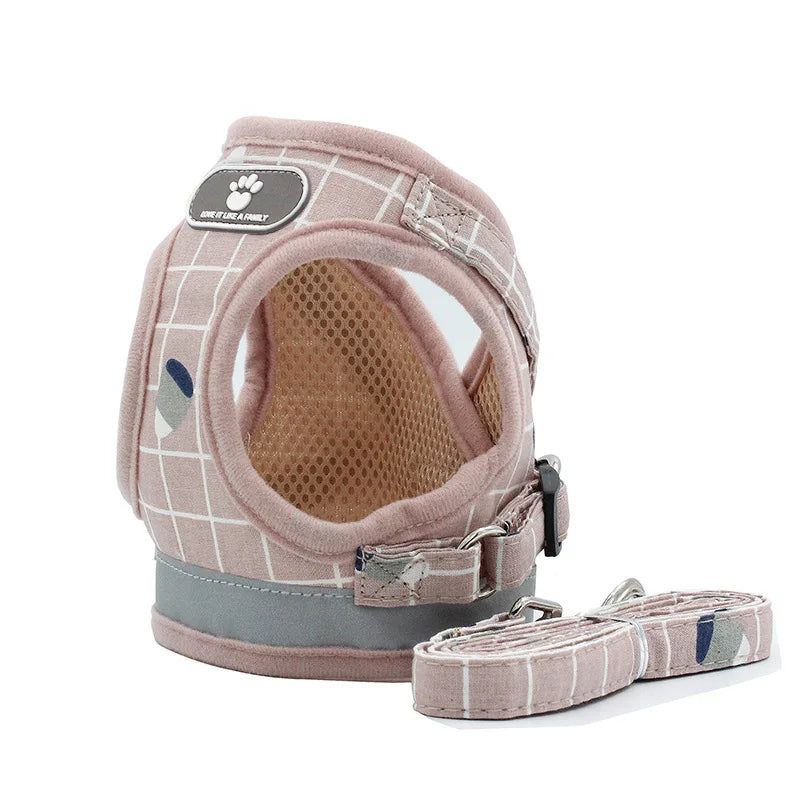 Reflective Mesh & Plaid Dog Vest Harness and Leash Set