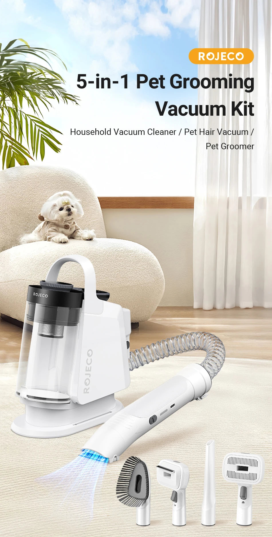 5-in-1 Pet Grooming Vacuum Kit — Smart Touch, 3-Speed Suction for Cats & Dogs