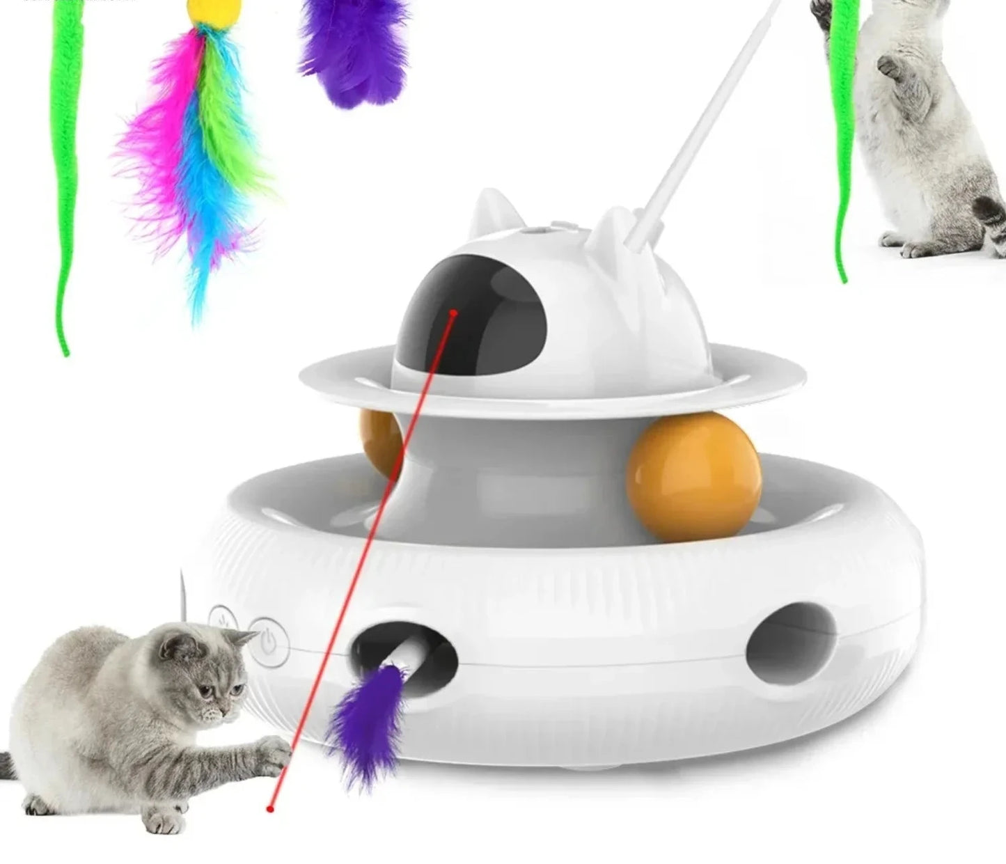 Jouet interactif intelligent 4-en-1 pour chat avec laser, plumes et balles de piste