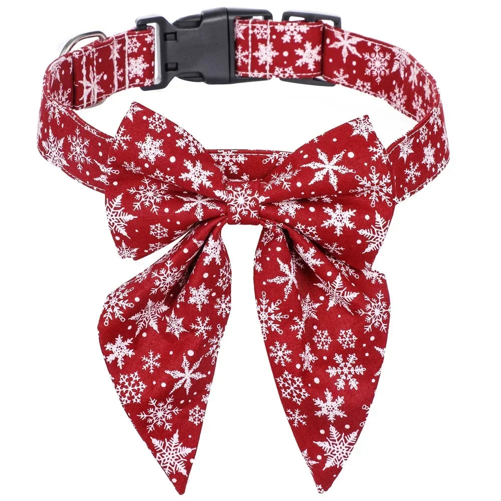 Christmas Dog Collar with Snowflake Bow - Festive Cotton Collar for Dogs and Cats