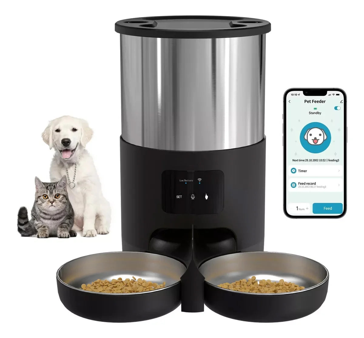 Distributeur Automatique de Croquettes WiFi pour Animaux de Compagnie avec Gamelle en Inox – 4,5 L