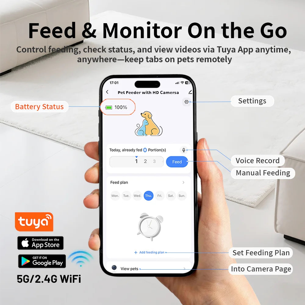 4.5L Elevated Smart Pet Feeder — 15cm Raised Stand, 1080P Camera or Key Control for Cats & Dogs
