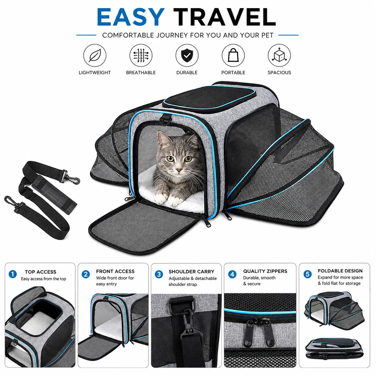 Double-Expandable Pet Carrier with Removable Cushion
