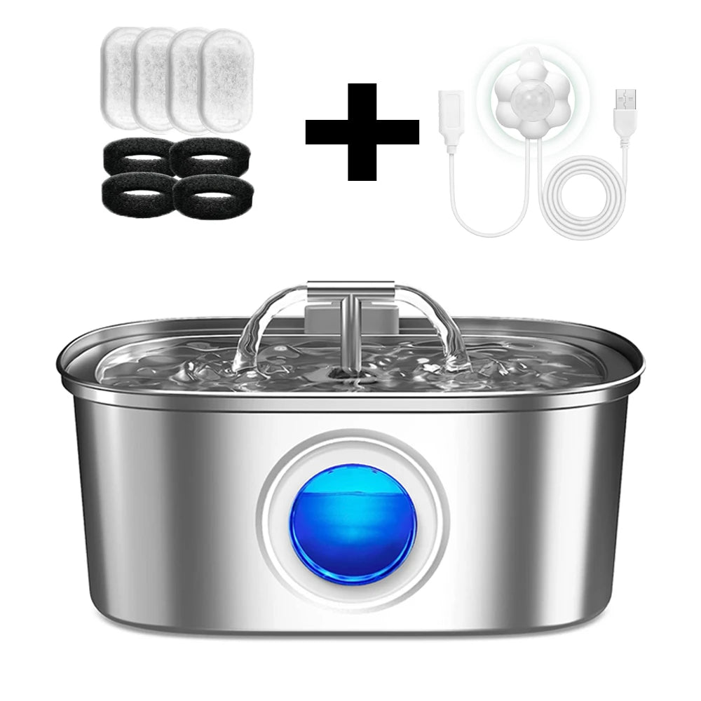 Stainless steel automatic cat water dispenser, pet water dispenser with visual window, USB powered cat fountain