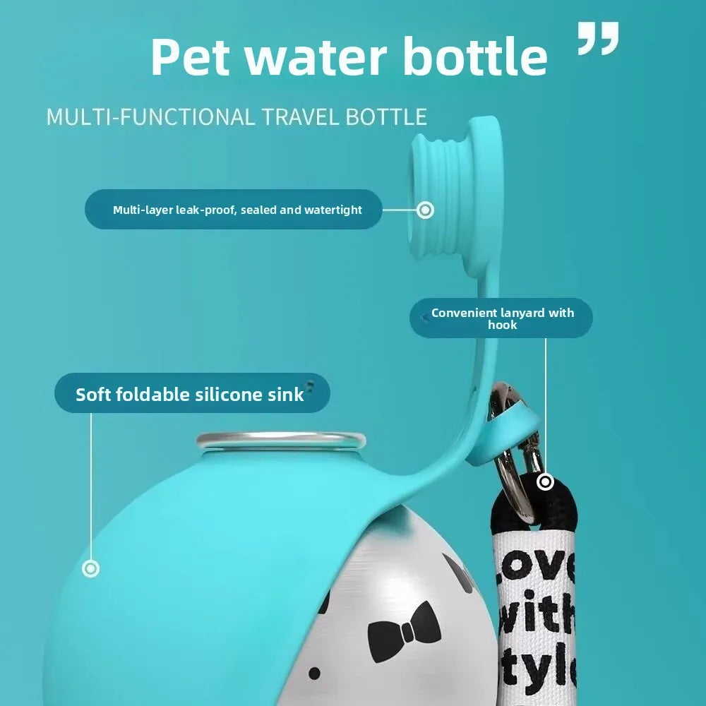 2-in-1 Stainless Steel Dog Water Bottle with Collapsible Bowl & Ball Valve — 285ml