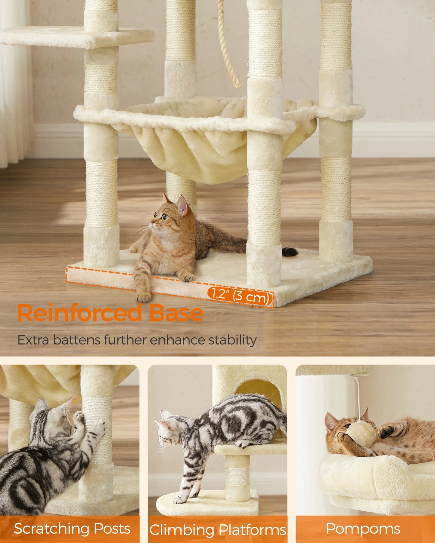 Multi-Level Cat Tree 143cm - Stable Tower with 2 Plush Perches
