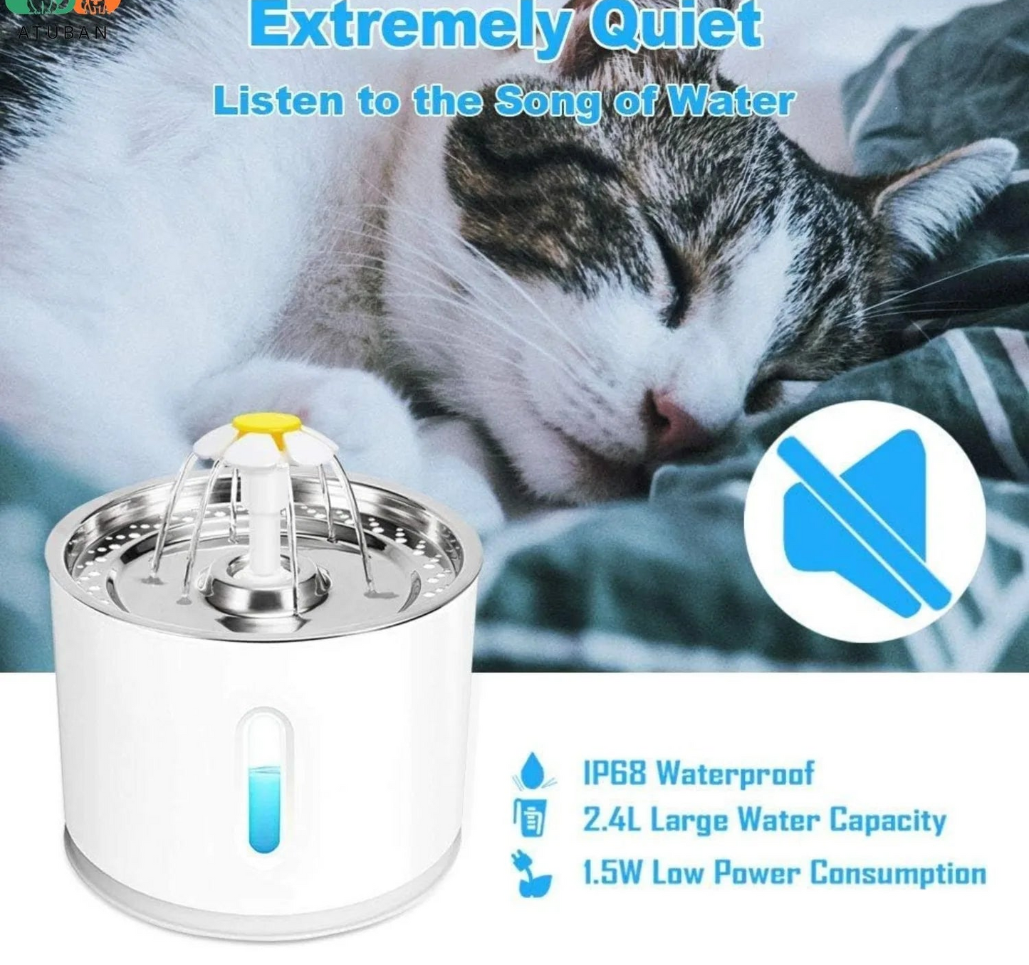 Fontaine à eau pour animaux de compagnie - Distributeur automatique en acier inoxydable de 2,4 L pour chats et chiens