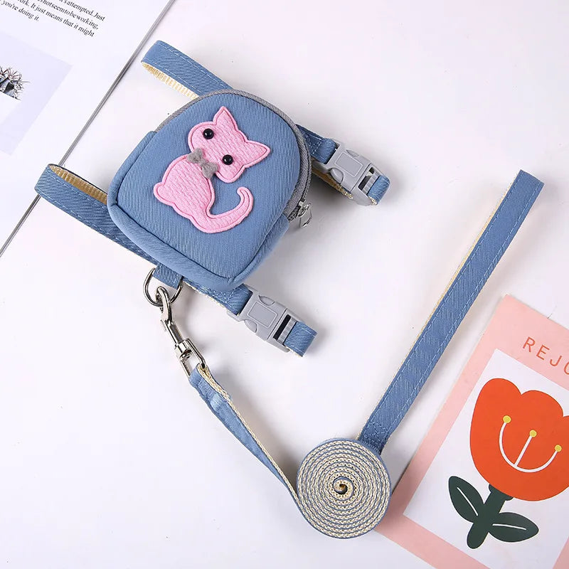 Cartoon Print Cat & Dog Harness with Leash Set and Snack Bag