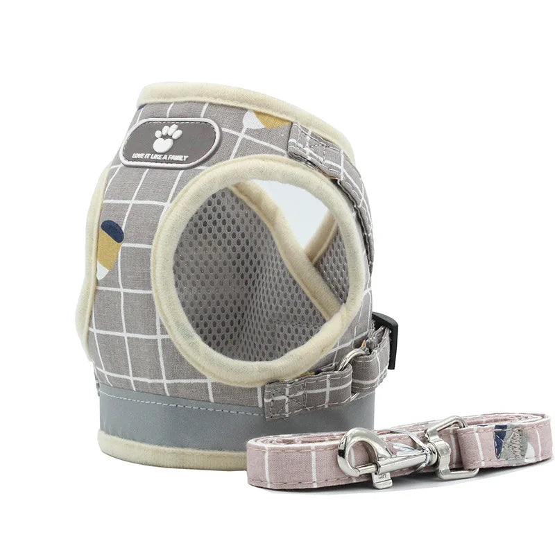 Reflective Mesh & Plaid Dog Vest Harness and Leash Set