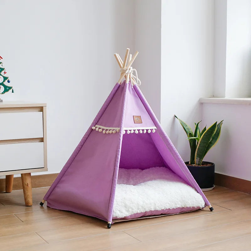 Indoor Pet Teepee Tent Bed with Thick Cushion – Canvas, Washable