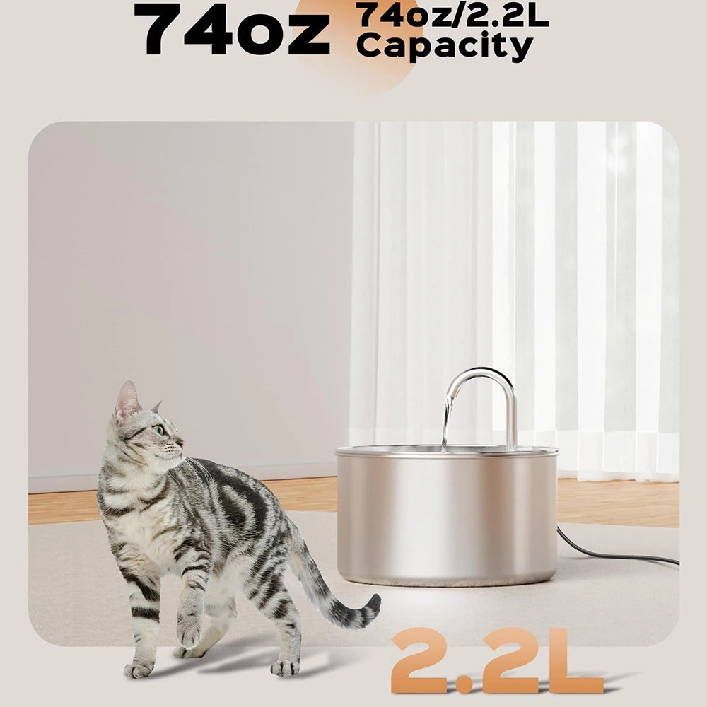 2.2L Stainless Steel Silent Pet Water Fountain — Dual Style with Filter & Sensor Options