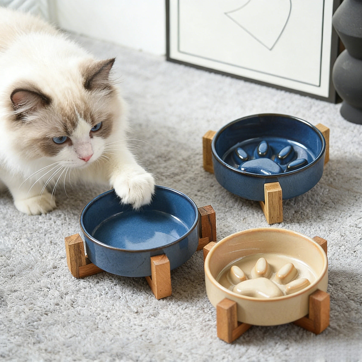 Ceramic Dog Bowl with Slow Feeder & Water Options