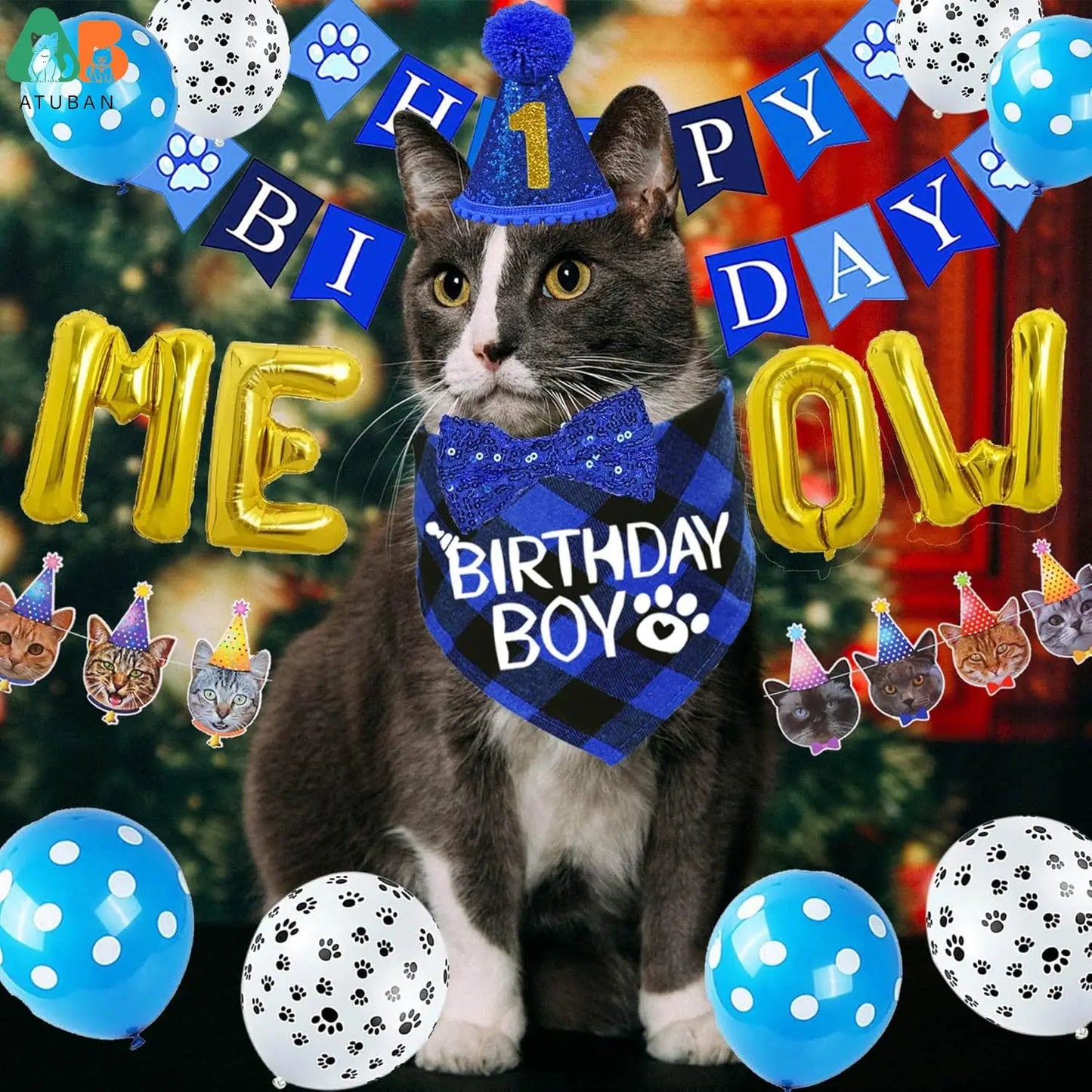 Fournitures d'anniversaire pour chat - Ensemble chapeau, bandana et nœud papillon