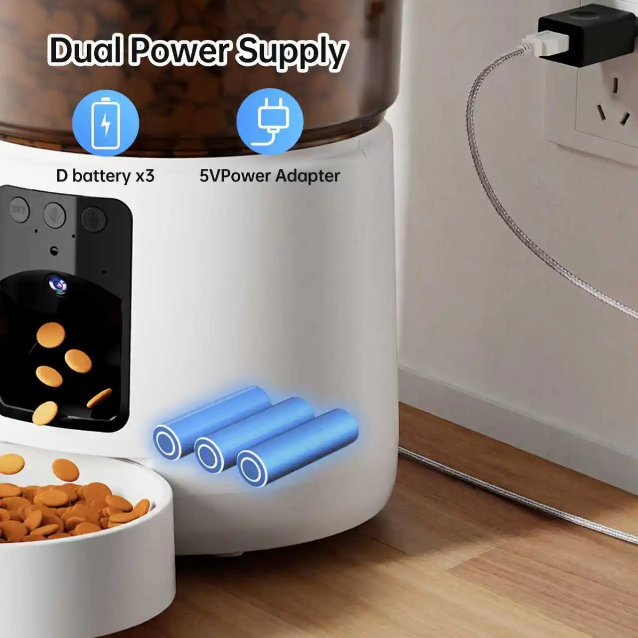 Automatic cat feeder with camera, video dog feeder, suitable for small and medium-sized kittens and dog feeders, 5V-USB powered