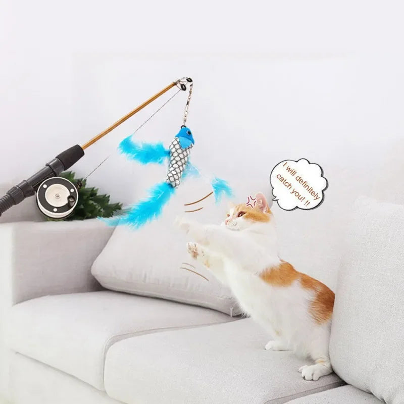 Canne à pêche rétractable pour chat - Baguette télescopique avec plume et leurre de poisson