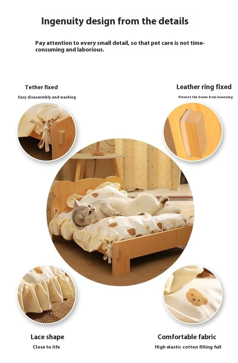Solid Wood Pet Bed with Removable Washable Mat – All-Season Cat & Dog House