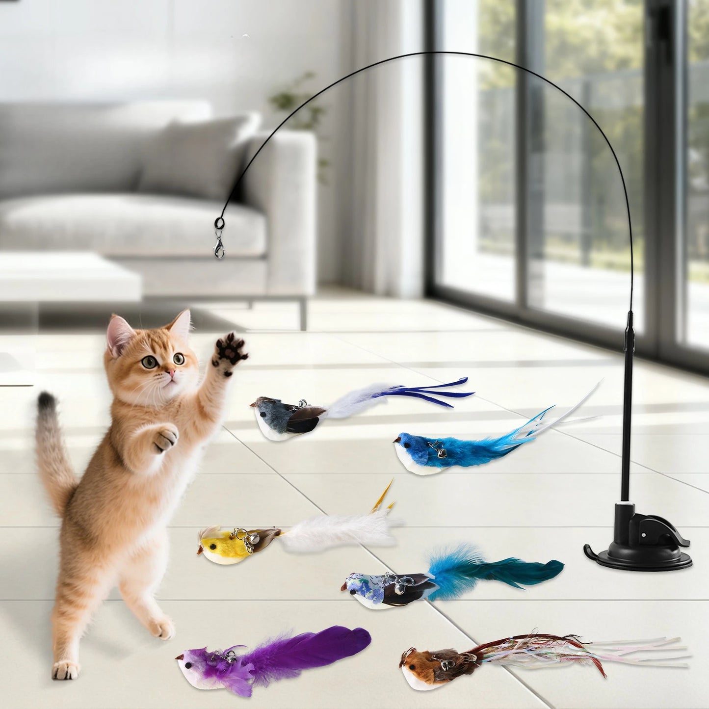 Baguette pour chat avec oiseau mains libres et ventouse - Jouet interactif avec clochette