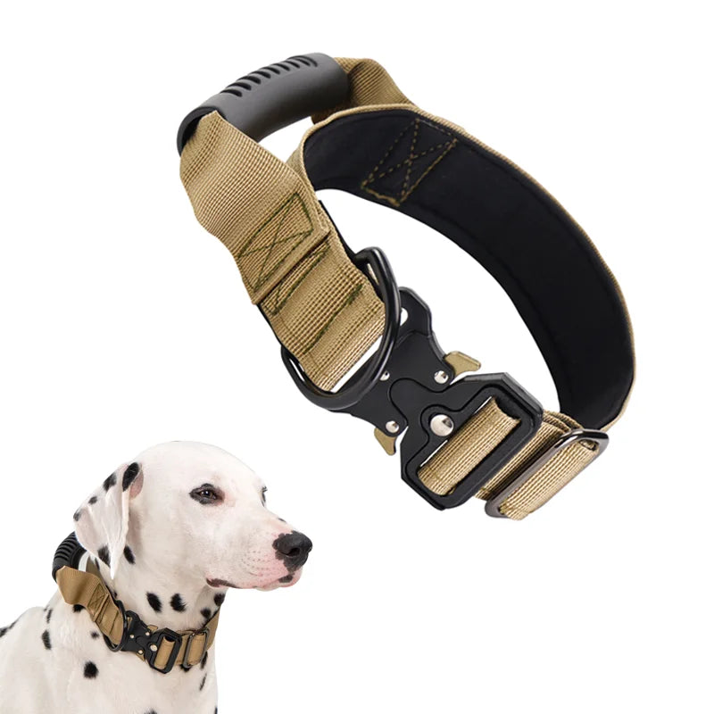 Heavy Duty Tactical Dog Collar with Handle — Metal Buckle Training Collar for Medium & Large Dogs